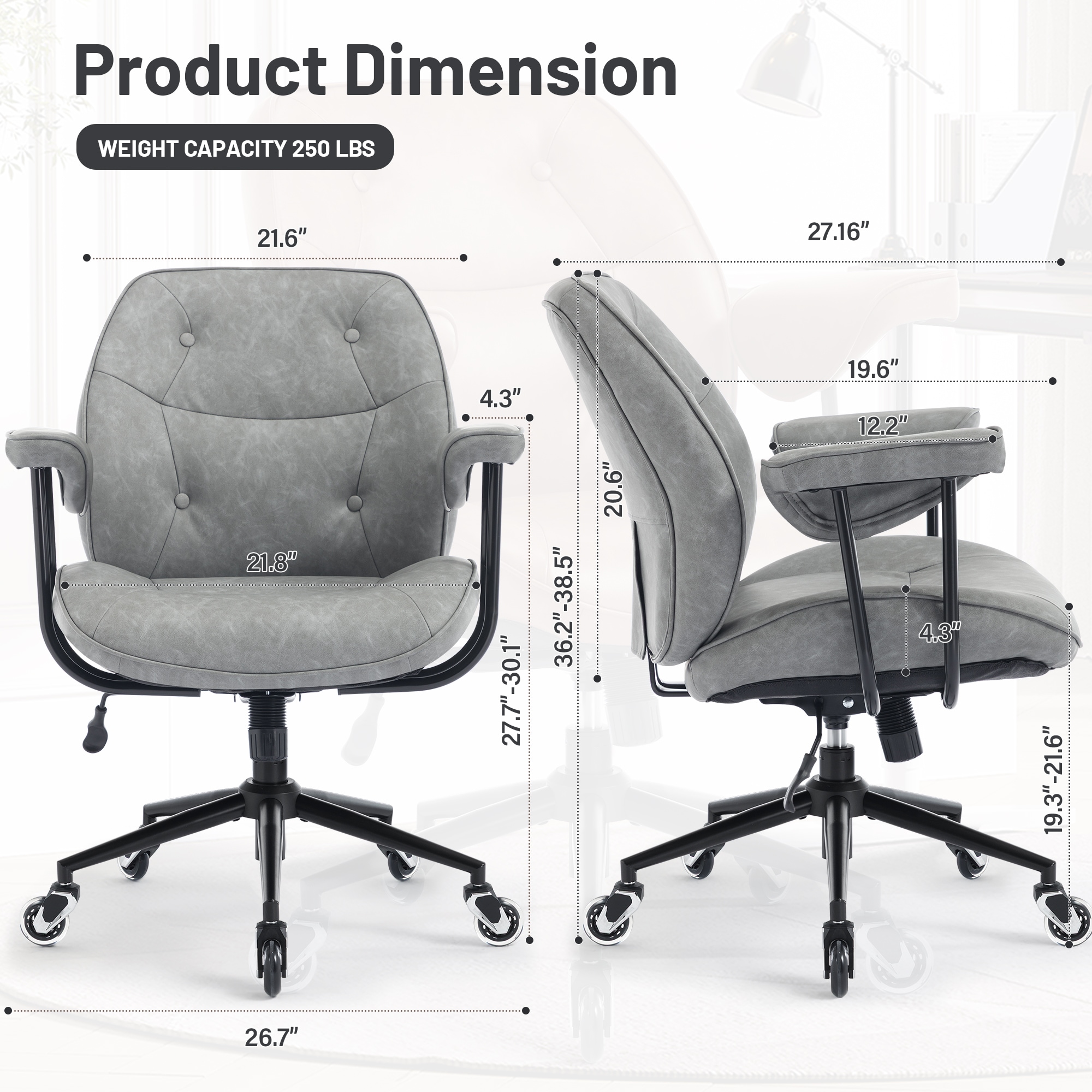 Retro Leather Office Chair With Lumbar Support And Rolling Wheels_voghion.com